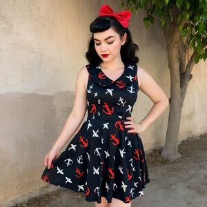 Hearts & Roses Dress Womens 8 US Black Nautical Anchor Bird Print‎ Pinup Retro